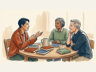 Tres personas adultas conversan alrededor de una mesa con libros cerrados y tazas.