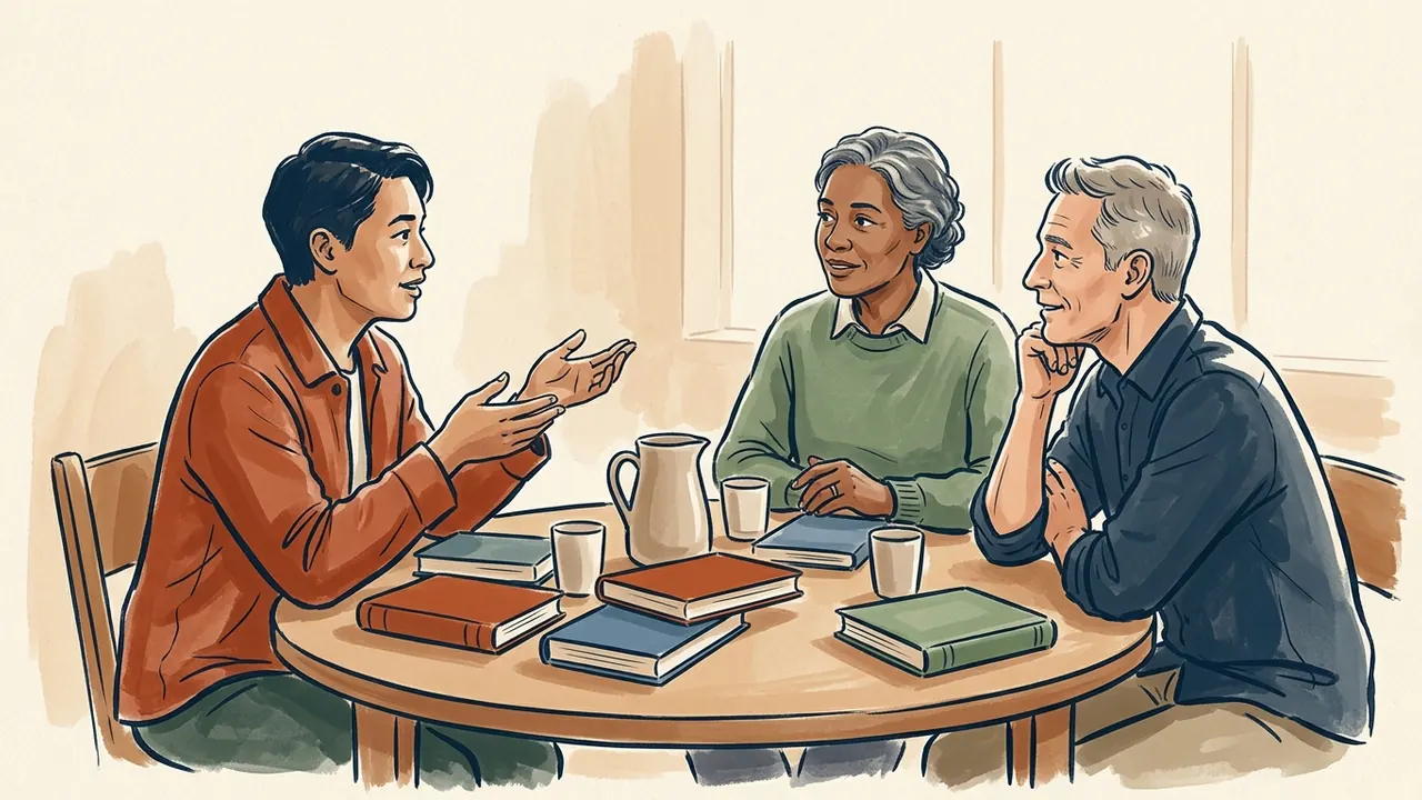 Tres personas adultas conversan alrededor de una mesa con libros cerrados y tazas.