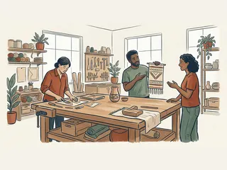 Tres personas adultas comparten tareas y muestran una pieza artesanal en un taller luminoso.
