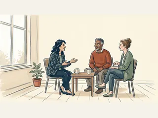 Tres personas adultas conversan sentadas alrededor de una mesa baja en una sala luminosa.