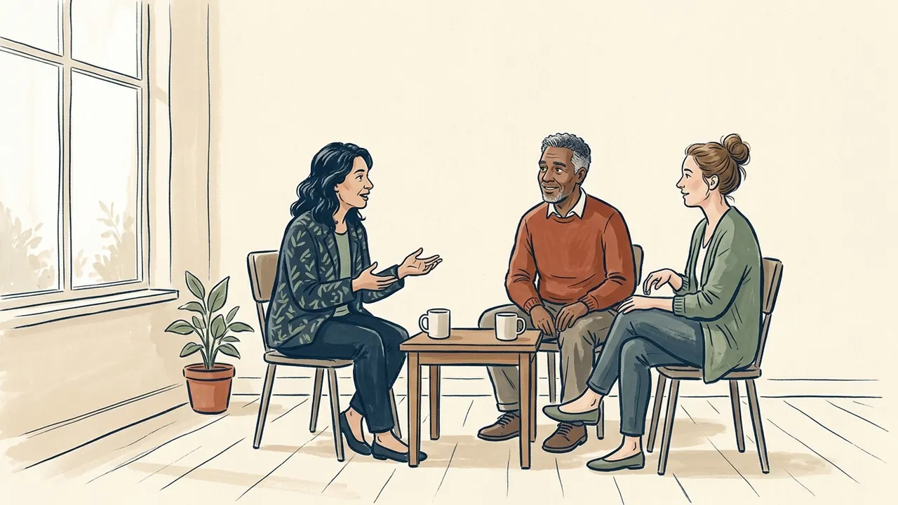 Tres personas adultas conversan sentadas alrededor de una mesa baja en una sala luminosa.