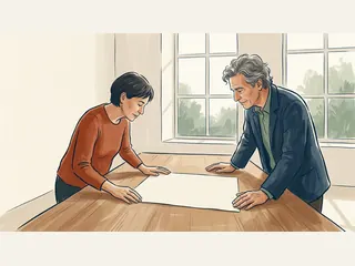 Dos personas adultas consultan una hoja de papel lisa sobre una mesa.