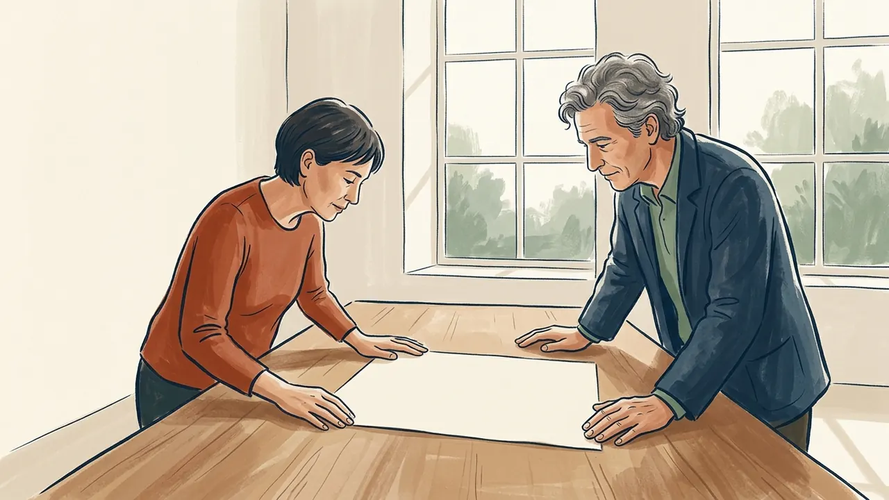 Dos personas adultas consultan una hoja de papel lisa sobre una mesa.
