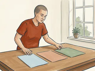 Una persona organiza tres tarjetas lisas de colores sobre una mesa educativa.
