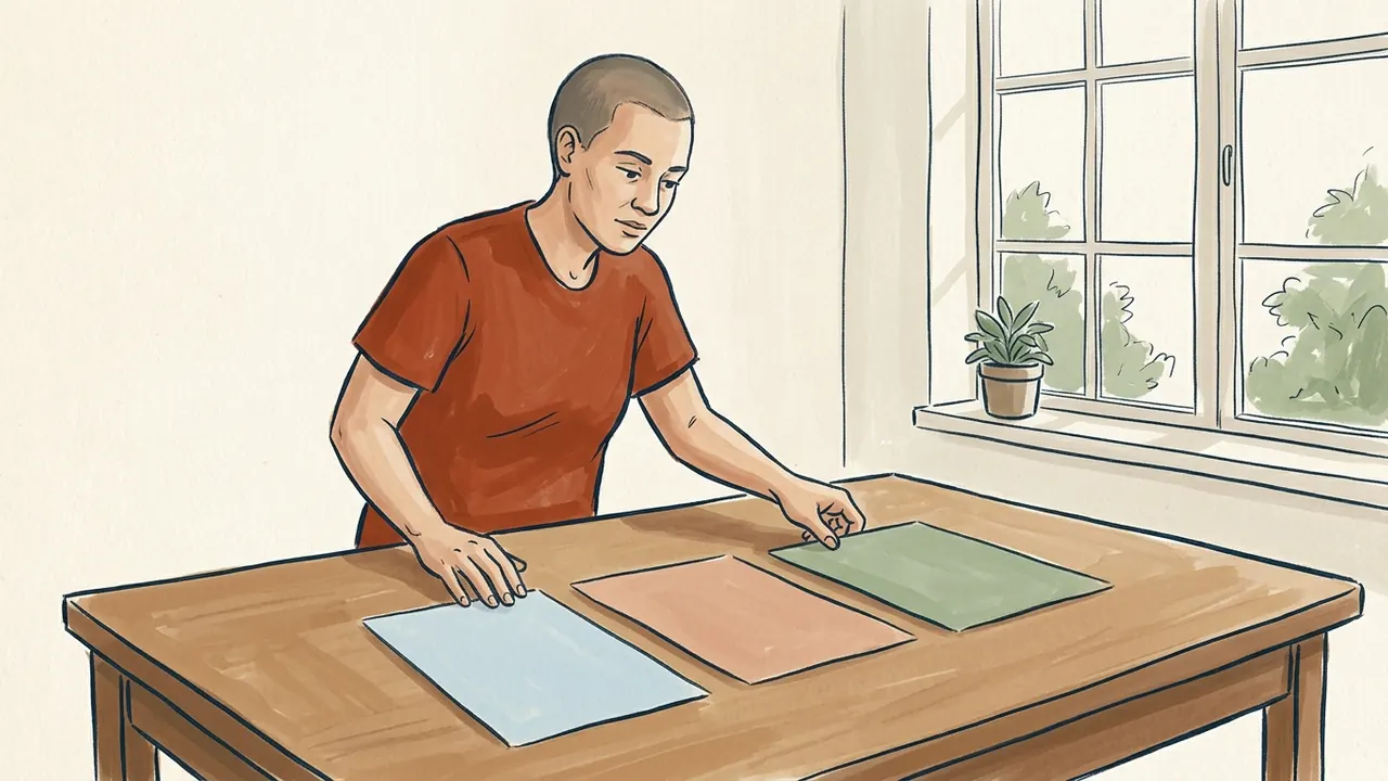 Una persona organiza tres tarjetas lisas de colores sobre una mesa educativa.