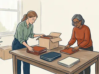 Dos profesionales preparan carpetas lisas y material de divulgación sobre una mesa.