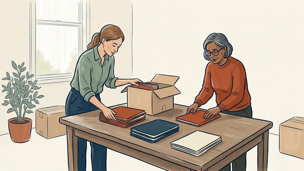Dos profesionales preparan carpetas lisas y material de divulgación sobre una mesa.