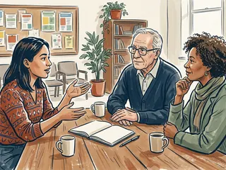 Tres personas adultas conversan alrededor de una mesa con un cuaderno abierto en un espacio comunitario.