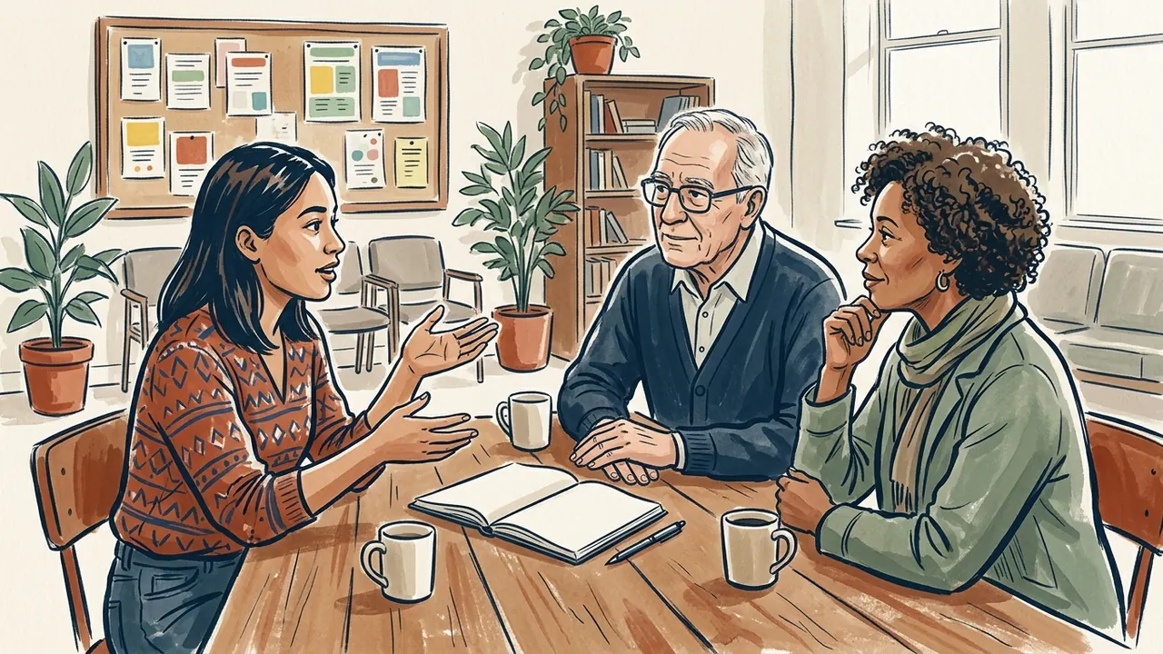 Tres personas adultas conversan alrededor de una mesa con un cuaderno abierto en un espacio comunitario.