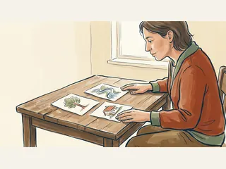 Una persona observa tres dibujos de un árbol, un río y una vivienda sobre una mesa.