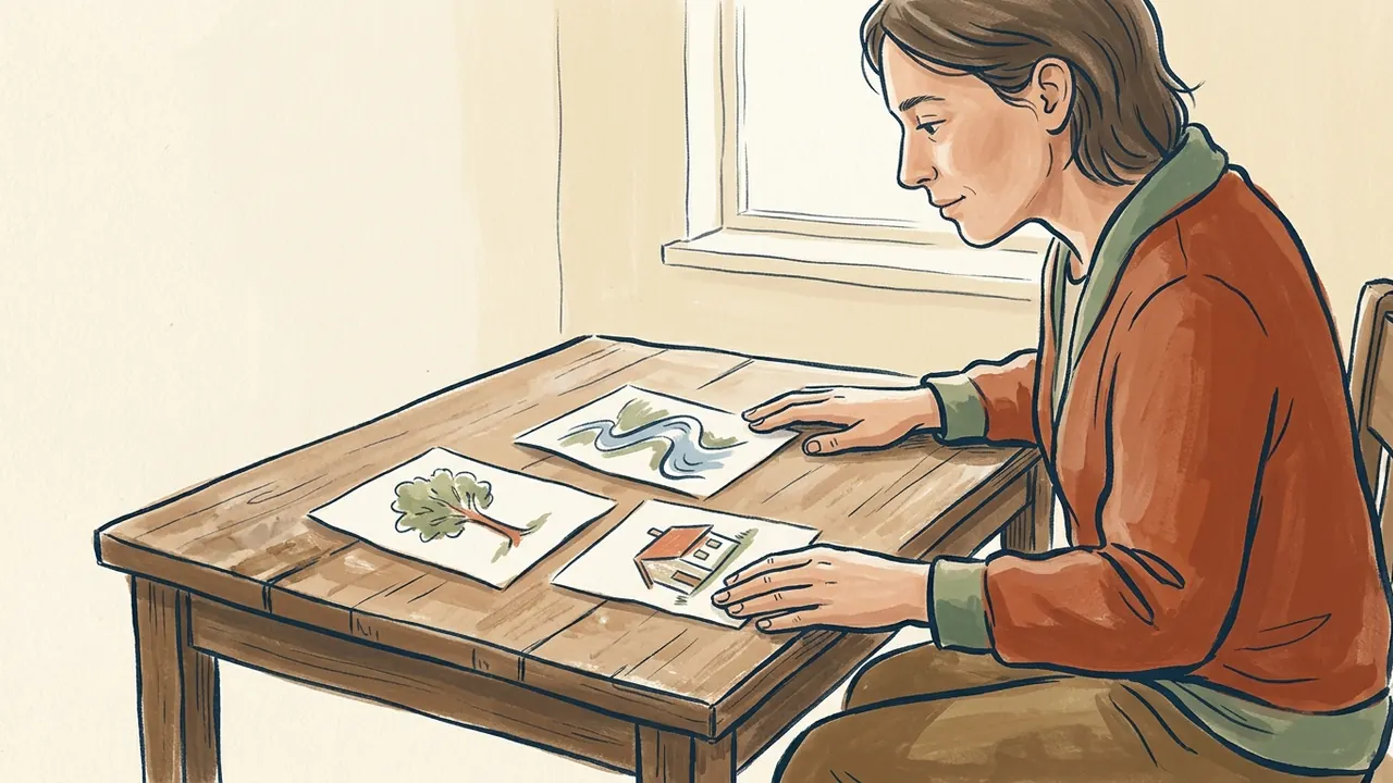 Una persona observa tres dibujos de un árbol, un río y una vivienda sobre una mesa.