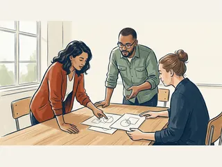 Tres personas comparan láminas geométricas en una mesa de aula.