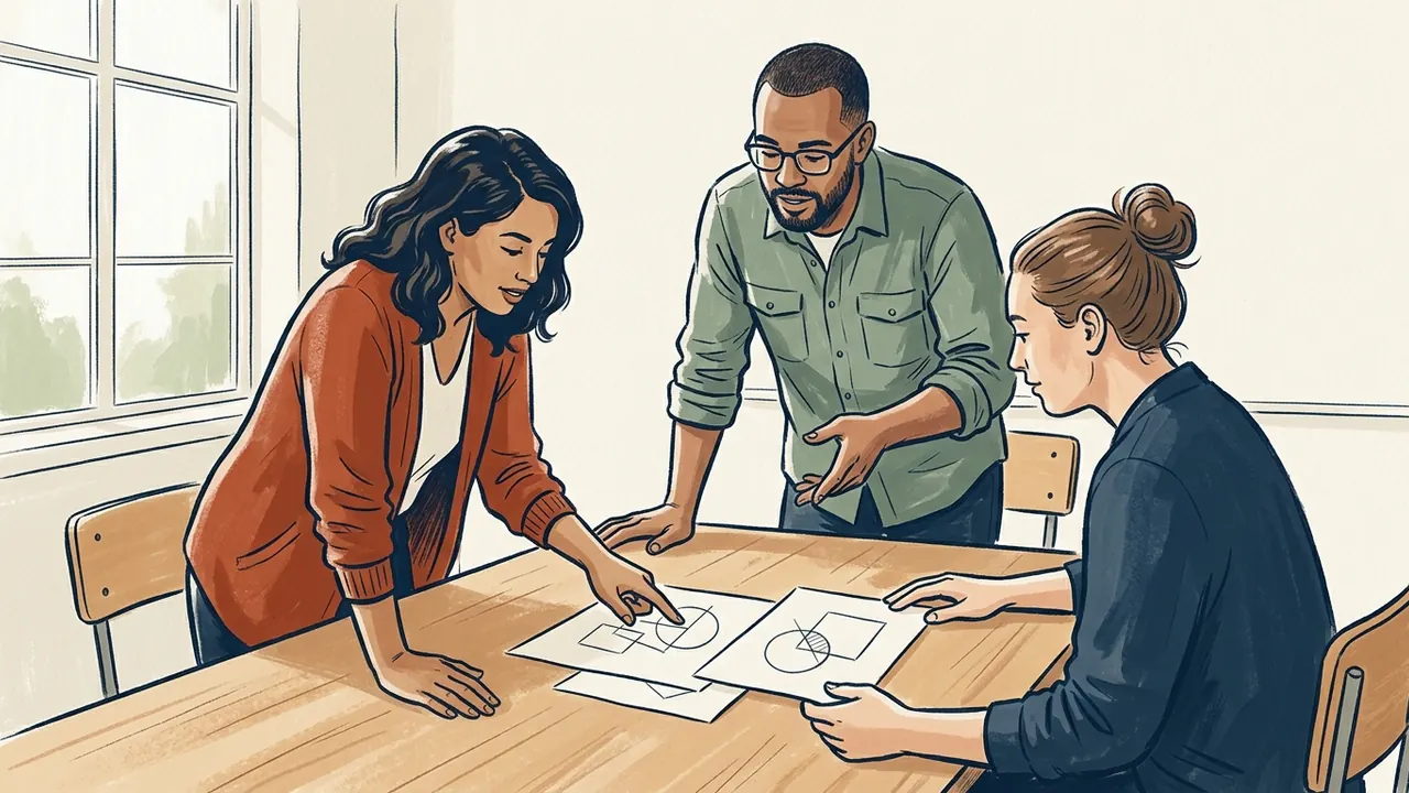 Tres personas comparan láminas geométricas en una mesa de aula.