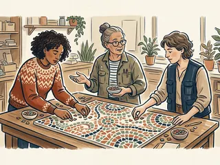 Tres personas adultas conversan mientras componen un mosaico con piezas de colores sobre una mesa.