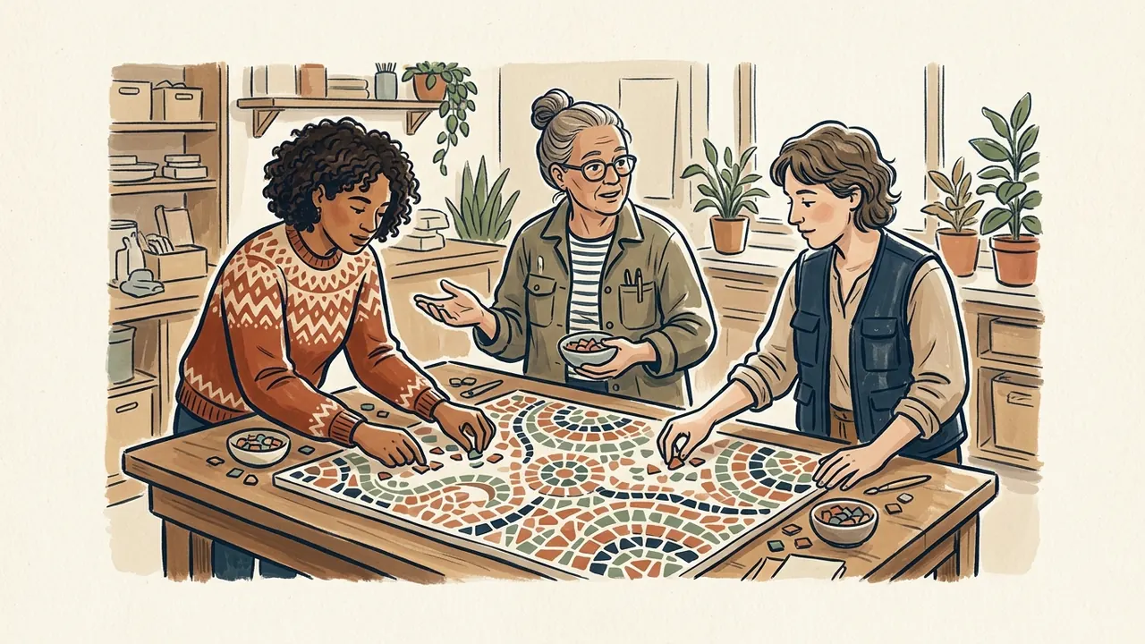 Tres personas adultas conversan mientras componen un mosaico con piezas de colores sobre una mesa.