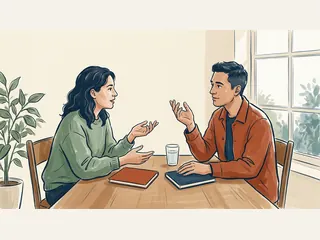 Dos personas conversan ante una mesa con cuadernos cerrados.