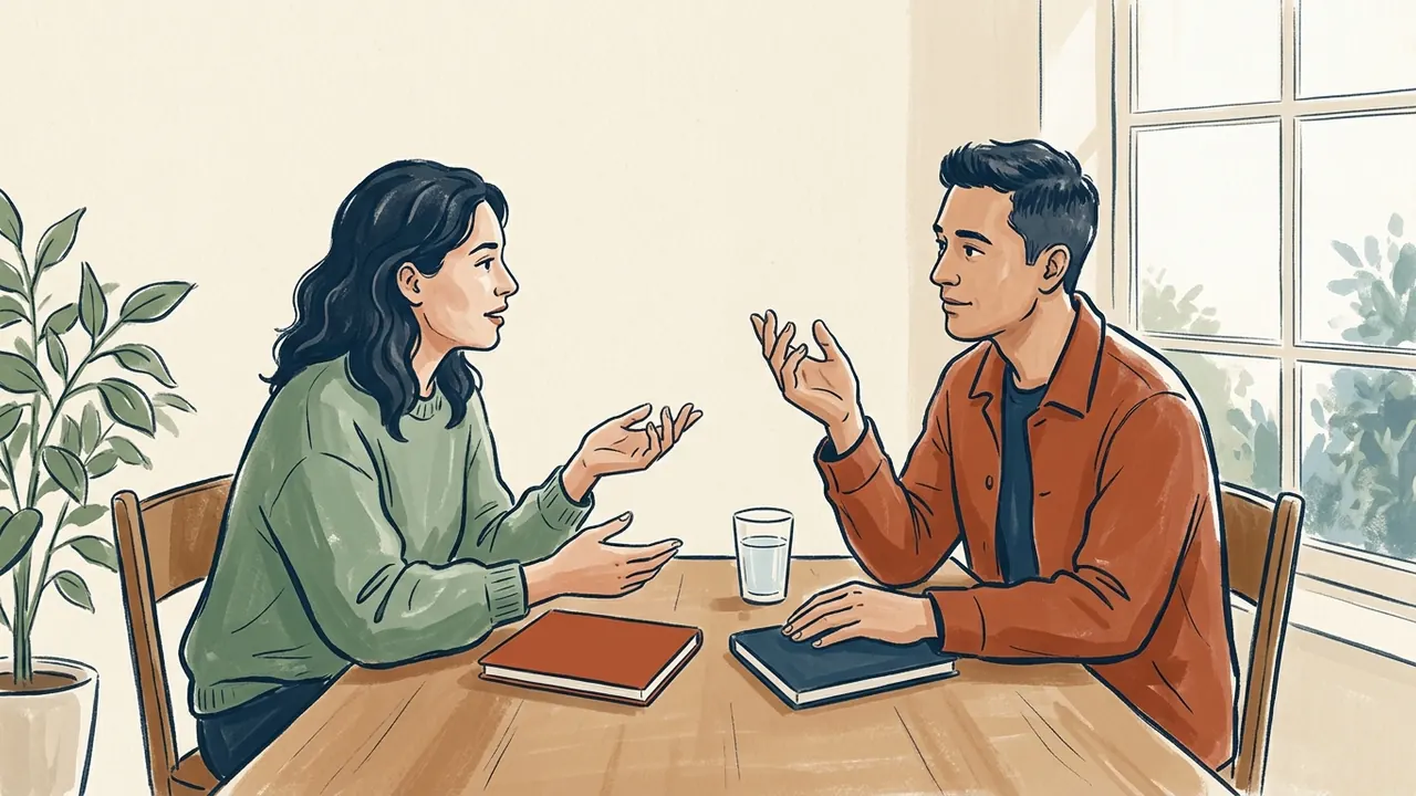 Dos personas conversan ante una mesa con cuadernos cerrados.