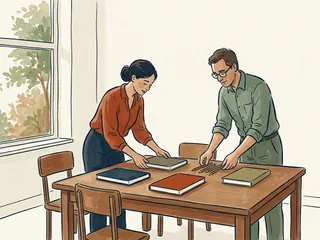 Dos personas adultas preparan libros cerrados y lápices sobre una mesa en un aula luminosa.