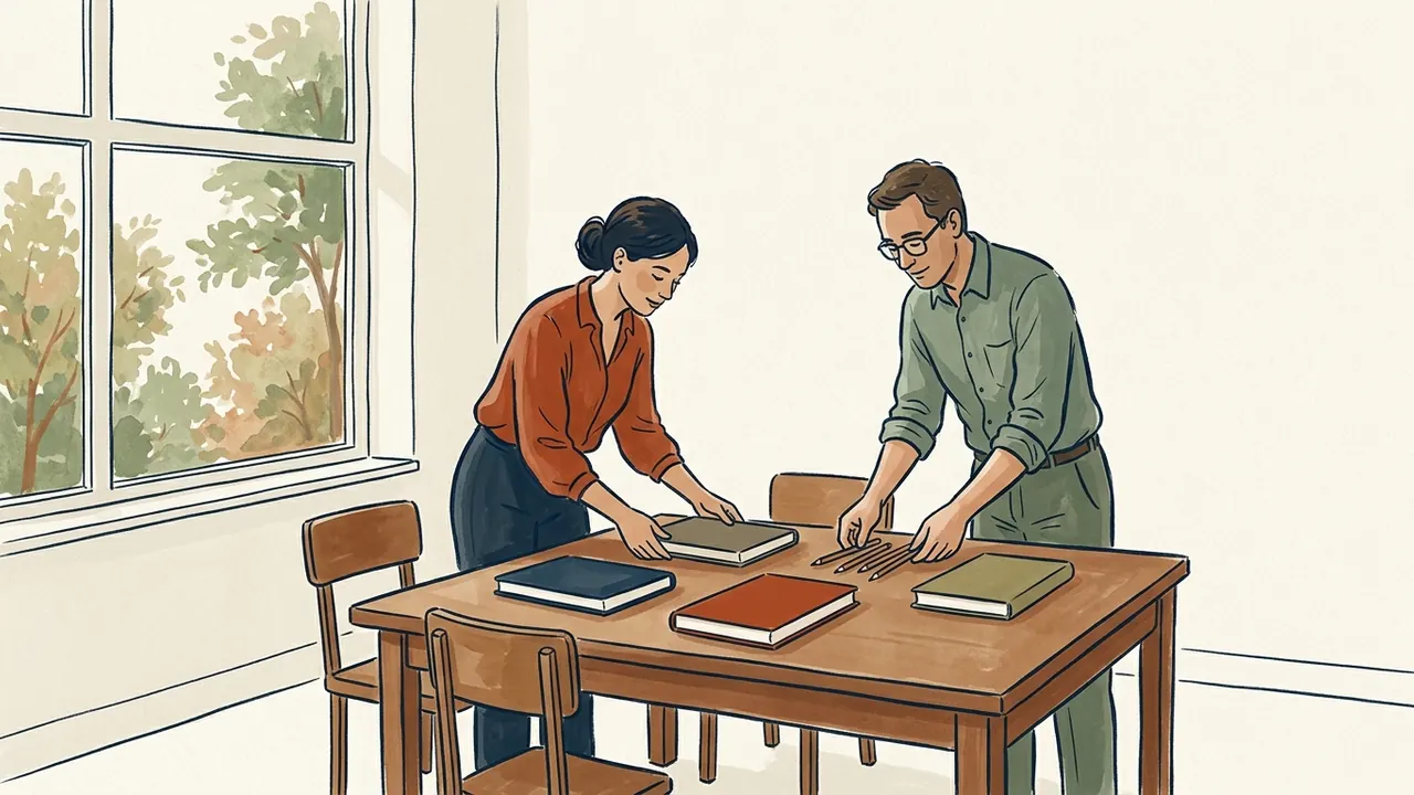 Dos personas adultas preparan libros cerrados y lápices sobre una mesa en un aula luminosa.