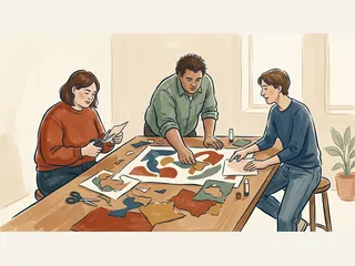 Tres adultos crean juntos una composición de papeles de colores.