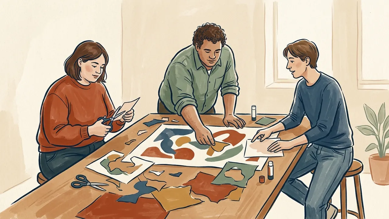 Tres adultos crean juntos una composición de papeles de colores.