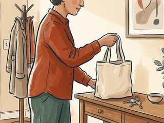 Una persona coloca una bolsa de tela lisa junto a unas llaves en la entrada de casa.