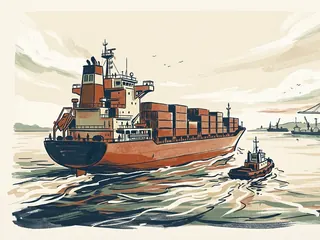 Un buque portacontenedores y un remolcador se acercan a un puerto con grúas.