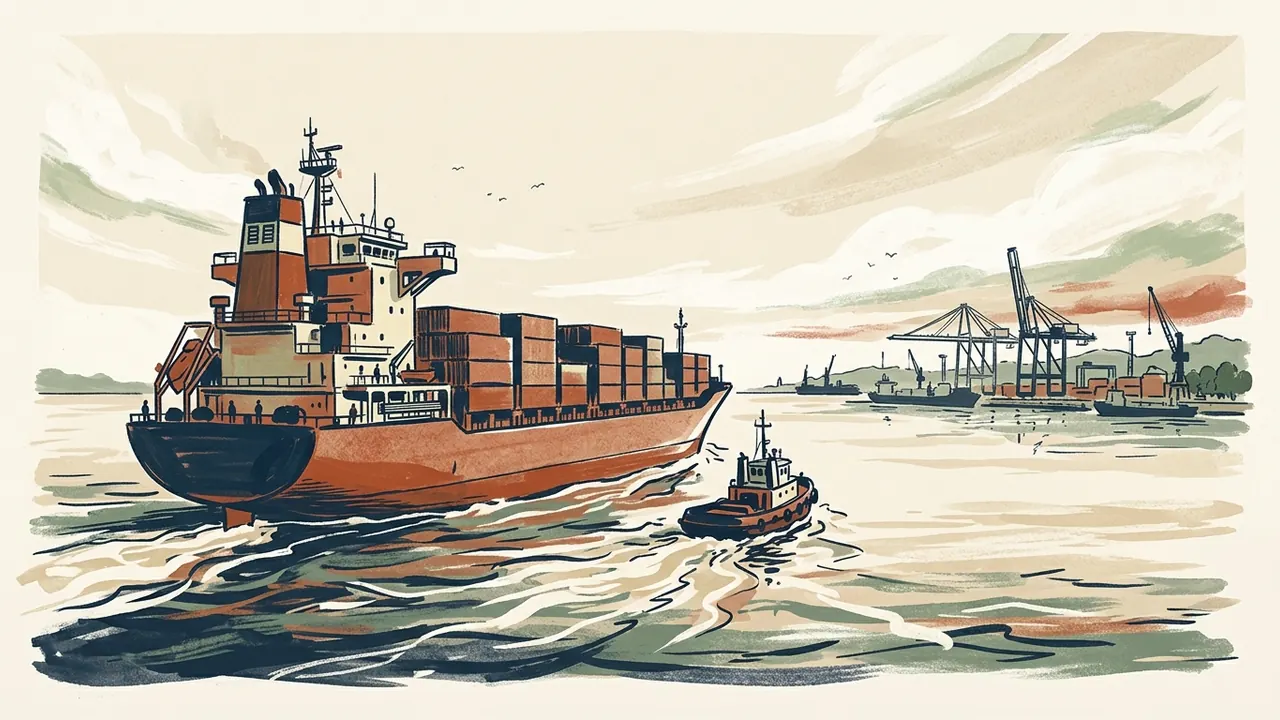 Un buque portacontenedores y un remolcador se acercan a un puerto con grúas.