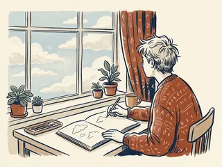 Una persona observa las nubes desde una ventana y las dibuja en un cuaderno.