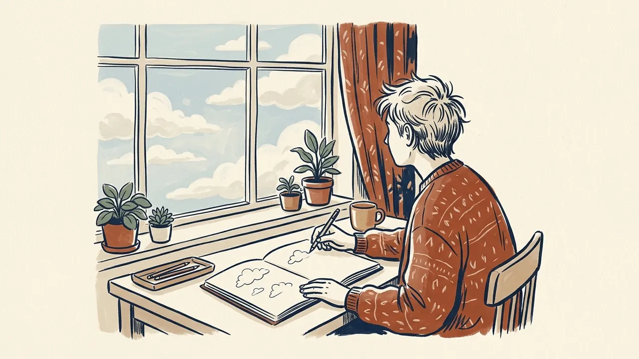 Una persona observa las nubes desde una ventana y las dibuja en un cuaderno.