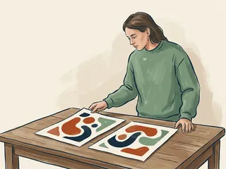 Una persona adulta compara dos láminas con grandes formas abstractas.