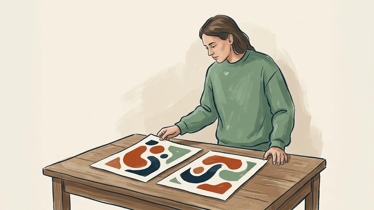 Una persona adulta compara dos láminas con grandes formas abstractas.