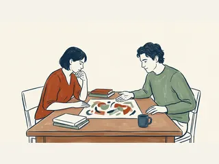 Dos personas adultas observan una composición abstracta sobre una mesa.
