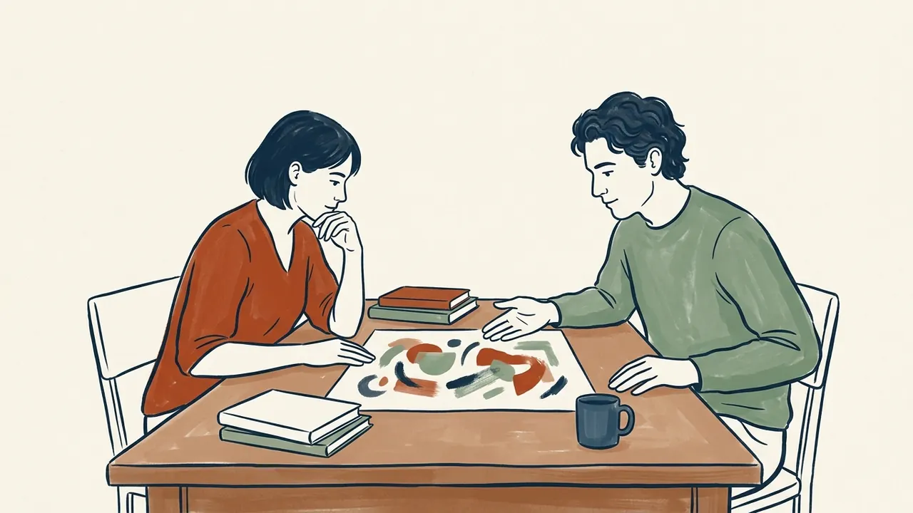 Dos personas adultas observan una composición abstracta sobre una mesa.