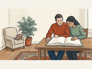 Dos personas adultas consultan un libro abierto de páginas vacías junto a una planta y una silla.