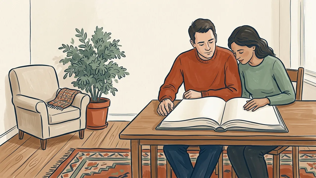Dos personas adultas consultan un libro abierto de páginas vacías junto a una planta y una silla.