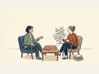 Dos personas adultas conversan sentadas junto a una mesa con una taza y un cuaderno.