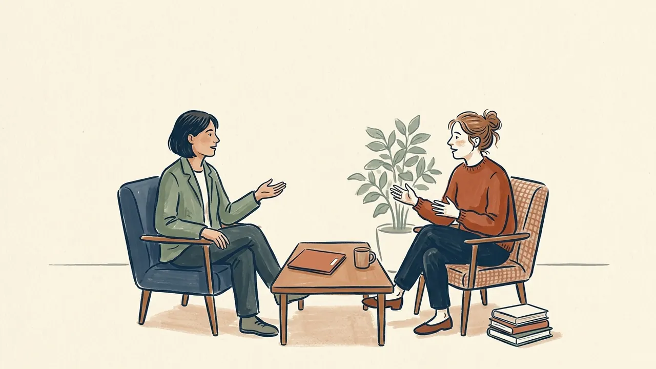 Dos personas adultas conversan sentadas junto a una mesa con una taza y un cuaderno.