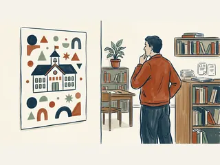 Una persona observa una lámina con una escuela y figuras geométricas en una sala de lectura.