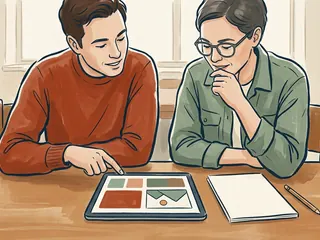 Dos personas observan una tableta con formas gráficas junto a un cuaderno en blanco.