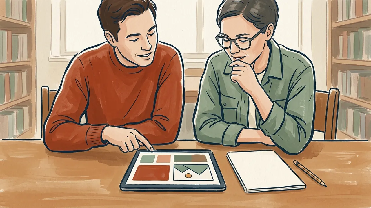 Dos personas observan una tableta con formas gráficas junto a un cuaderno en blanco.