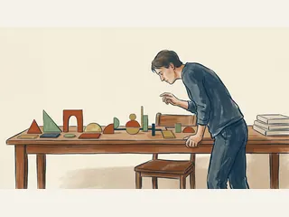 Una persona observa una secuencia de figuras geométricas de colores sobre una mesa.