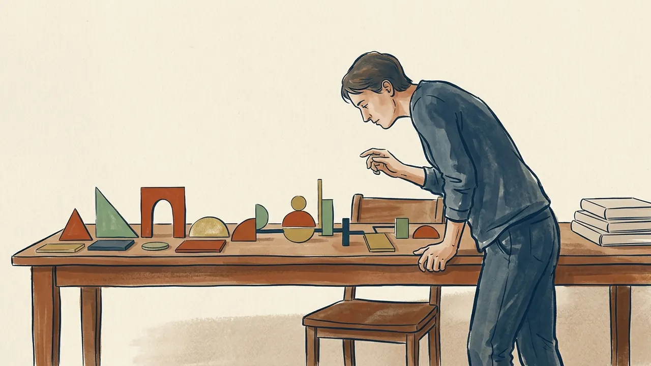 Una persona observa una secuencia de figuras geométricas de colores sobre una mesa.