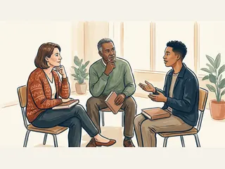 Tres personas adultas conversan sentadas con libros cerrados sobre sus piernas.
