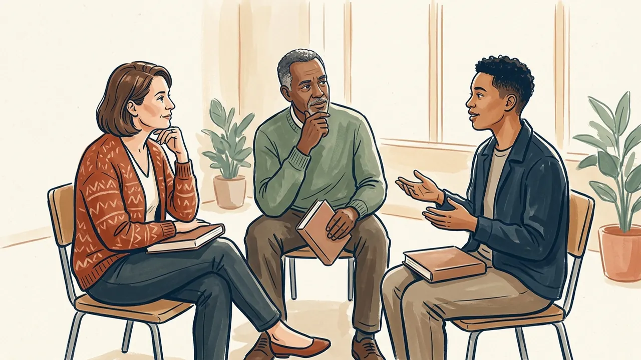 Tres personas adultas conversan sentadas con libros cerrados sobre sus piernas.