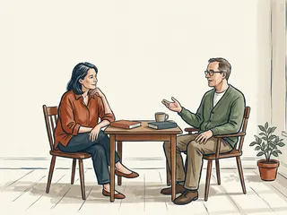 Dos personas conversan junto a una mesa con libros cerrados en una sala luminosa.