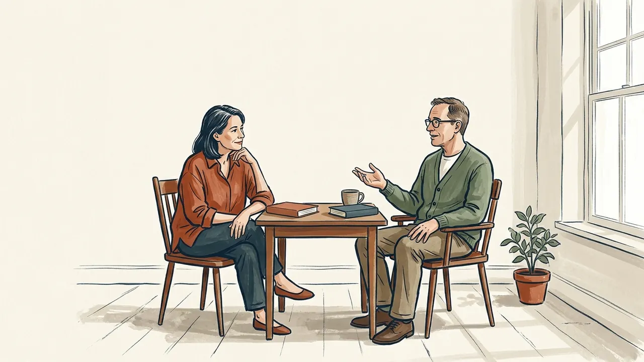 Dos personas conversan junto a una mesa con libros cerrados en una sala luminosa.