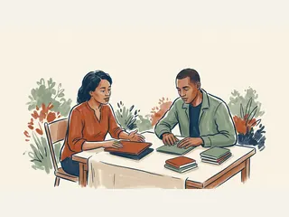 Dos personas revisan carpetas cerradas sobre una mesa de divulgación.