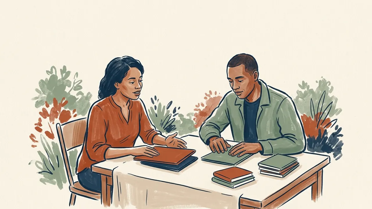 Dos personas revisan carpetas cerradas sobre una mesa de divulgación.
