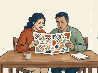 Dos personas adultas observan una lámina de formas abstractas en una mesa.
